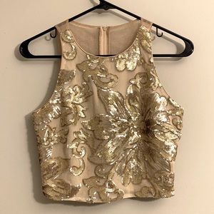 Belle Badgley Mischka Mesh Nude Gold Shear Sequin Crop Top